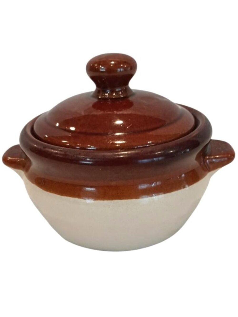 Vintage Stoneware Mini Bean Pot Crock W Lid Rustic Brown & Tan Glaze 1970s